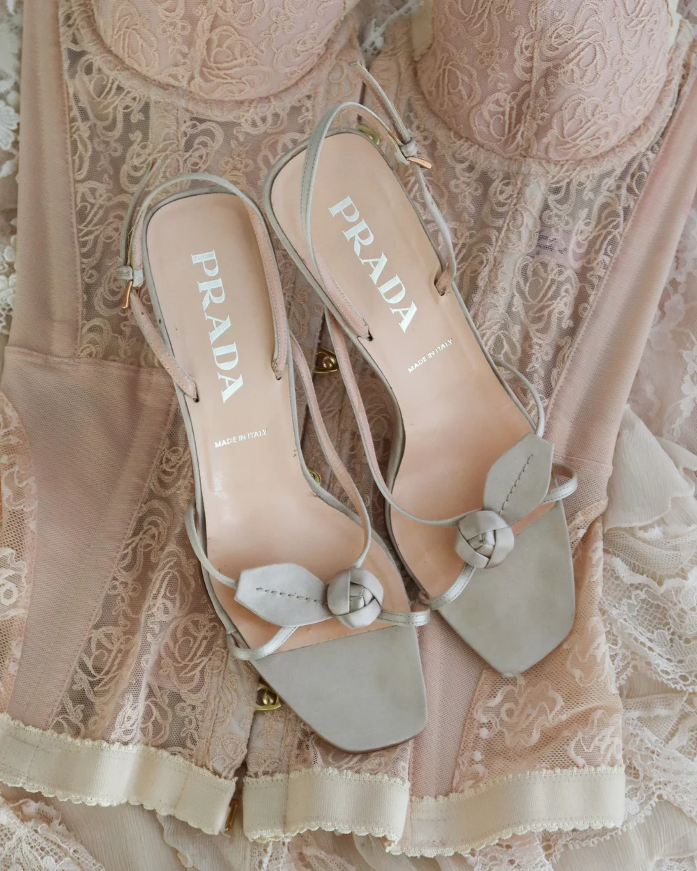Prada Vintage Metallic Satin & Soft Pink Flower Sandal Heels (US 8